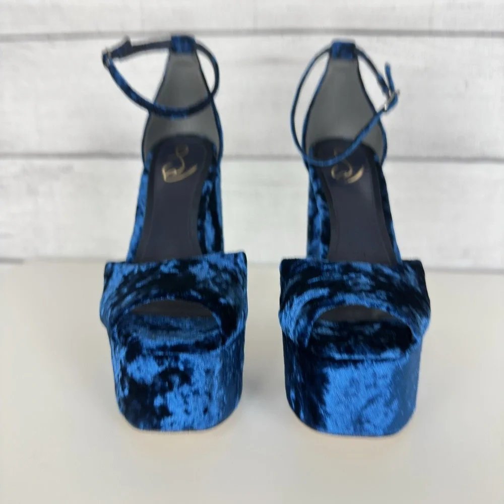 Sam Edelman Kori Platform Heels‎ Blue Velvet Ankle Strap Open Toe Size 7 Bratz